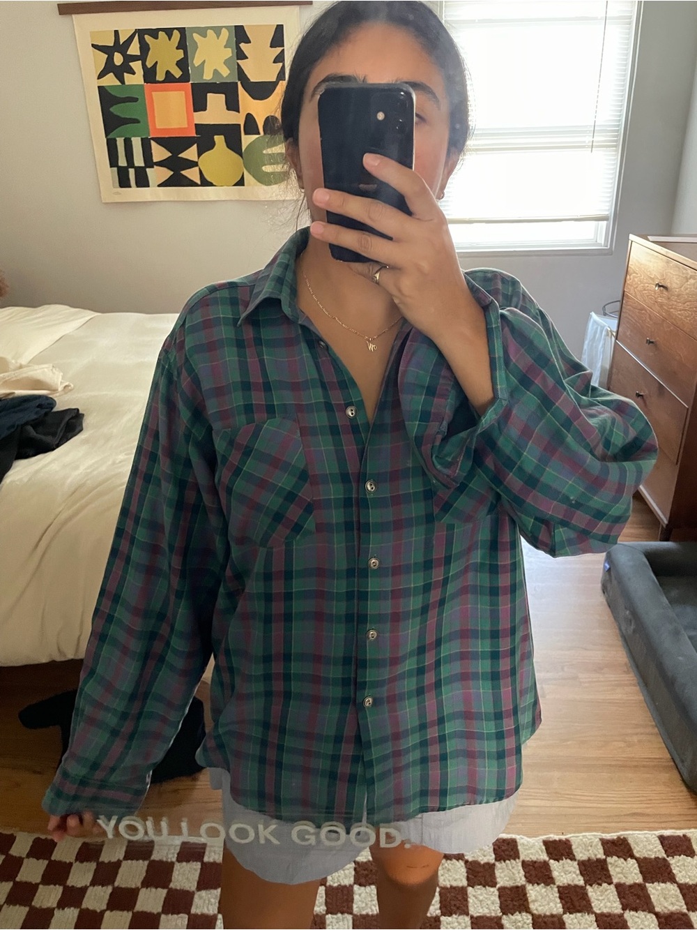 Plaid Button-Down Shirt in Green & Blue